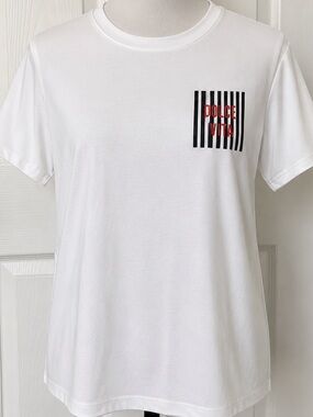 Dolce Vita White Tee with Black Stripe Pocket and Red Logo